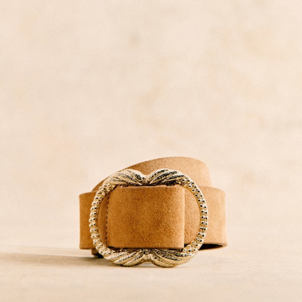 Sezane Artemis Tan Suede Women's Belt with Gold Decorative Buckle